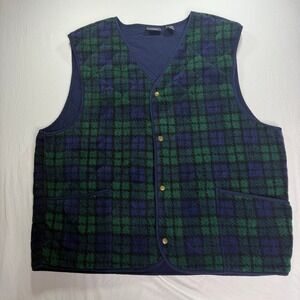 Van Heusen Quilted Fleece Vest Men's XL Green Blue Plaid Snap Front Sleeveless